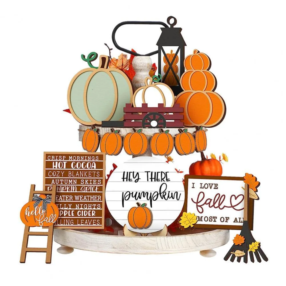 Dekorativa föremål Figurer Plastpumpa Sign Charming Halloween Farmhouse Decor Rustic Tiered Tiered Tray Ornaments for Festive Carnival Party 230923