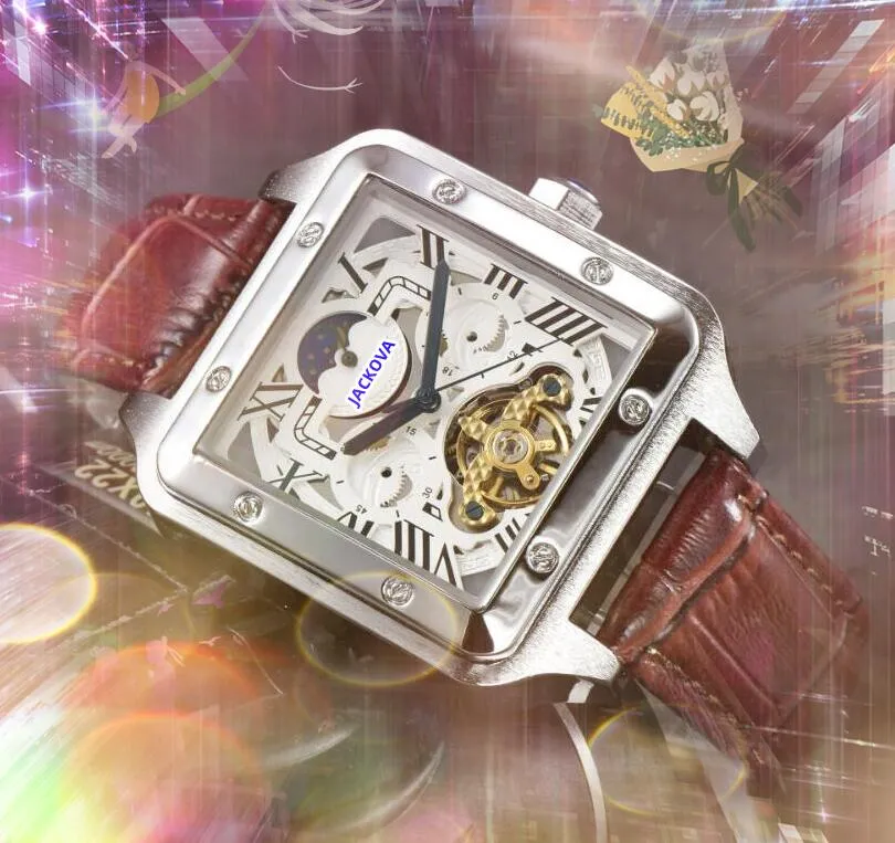 Popularny turbillon Mechanical Mężczyźni Watch Hollow Squeleton Square Roman Tank Moon Sun Dial Automatyczny ruch retro zegar samodzielne zegarki Orologio di Lusso Prezent