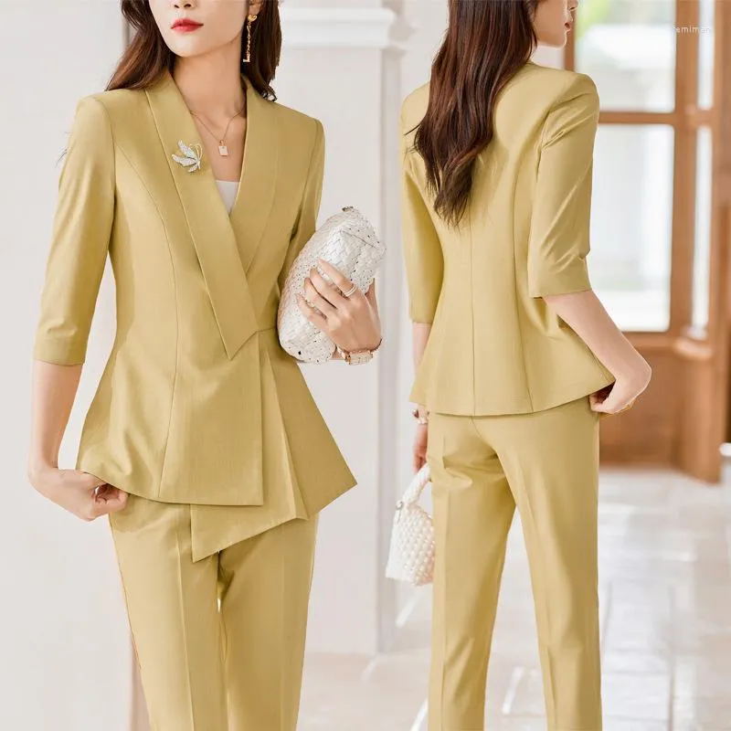 Calças femininas de duas peças 2023 manga de três quartos amarelo terno jaqueta verão pequeno fino ajuste emagrecimento formal roupas de trabalho