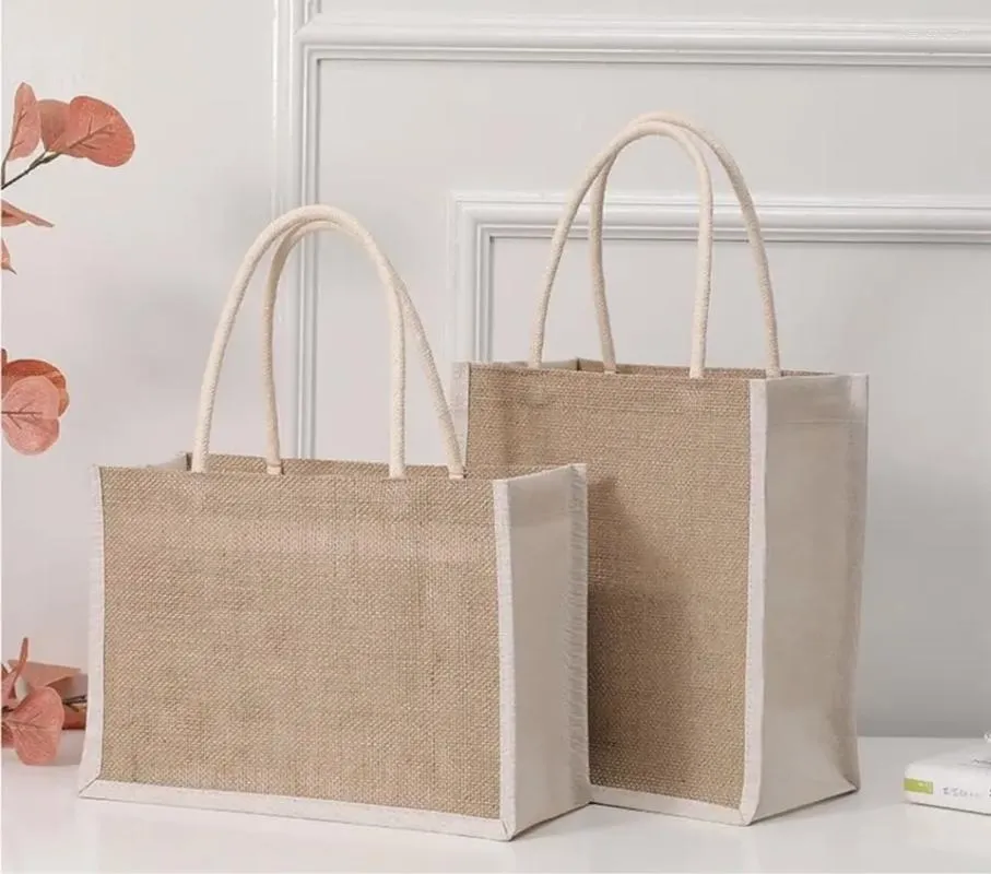 Sacs à provisions en gros 100 pcs/lot plaine conception imprimée personnalisée grand naturel écologique toile de Jute fourre-tout sac de plage avec bûche