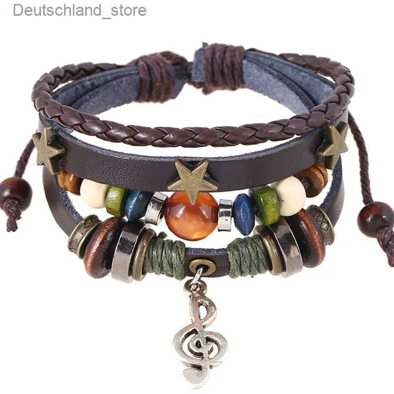 Charm armband handgjorda boho zigenare hippie design brun läderstjärna g clef anteckning metall charms trä knapppärlor wrap unisex justerbar armband q230925