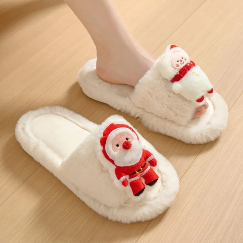 Pantoufles Père Noël Ouvert Coton Hiver Maison Intérieur En Peluche Femmes Chaud Fourrure Femmes Doux Confortable 230925