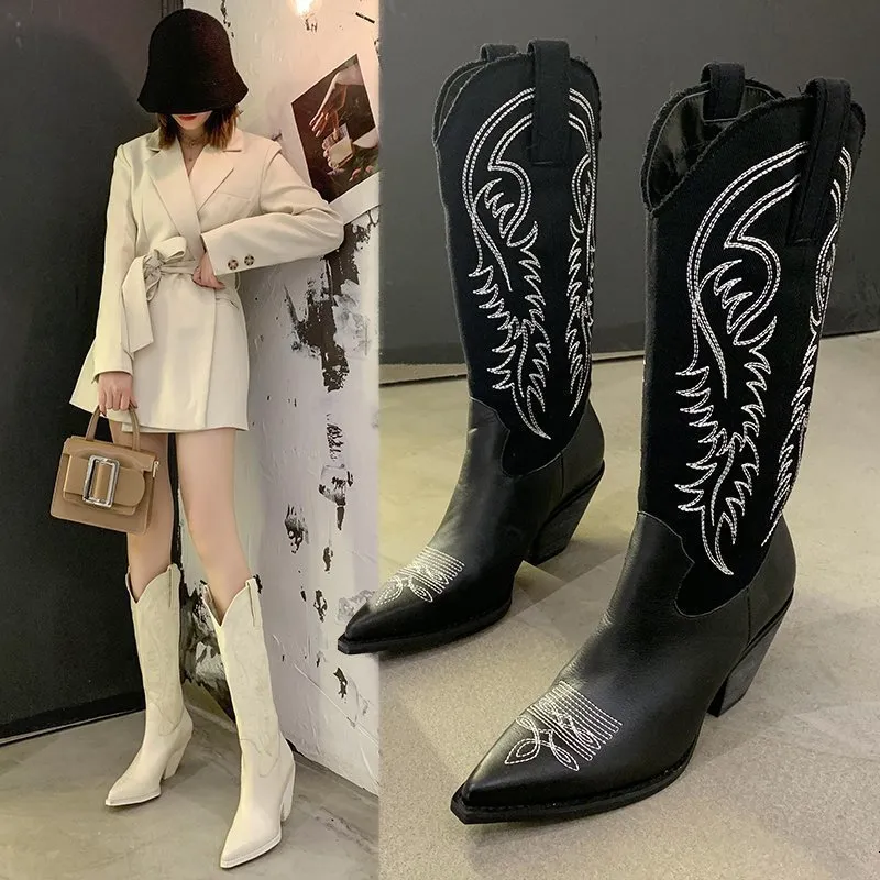Boots Fashion Embossed Microfiber Leather Women Boots Pointed Toe Western Cowboy Boots Woman Knee-High Boots Chunky Wedges Ladies 230925