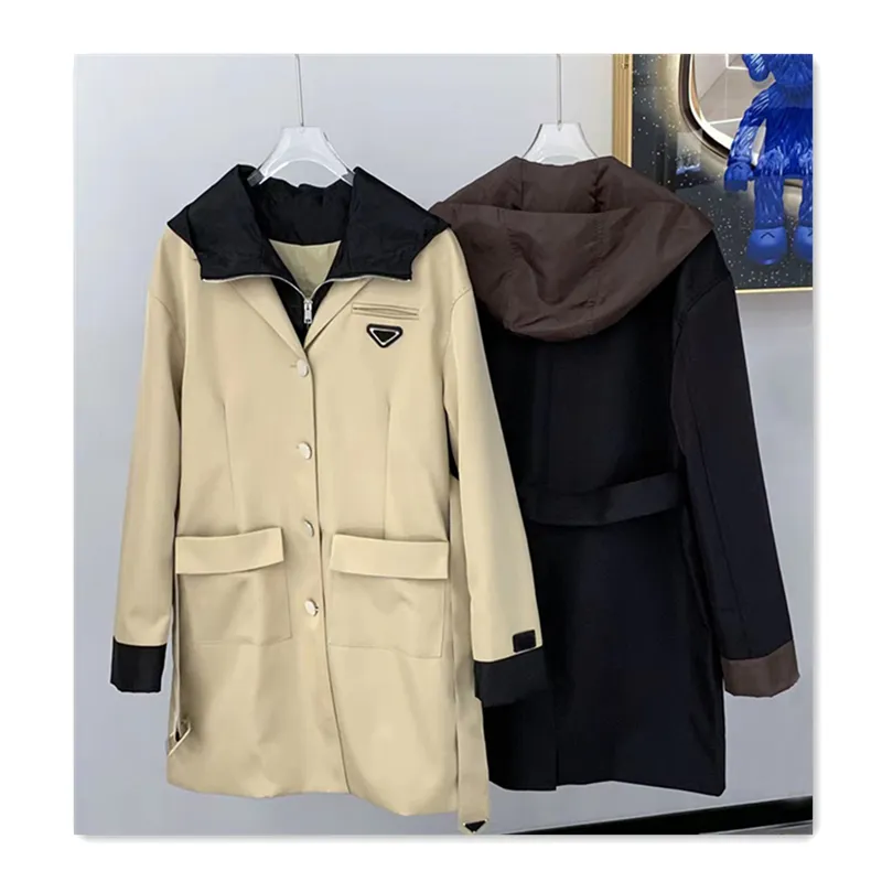 Cappotto da donna di design giacca a vento da donna cappotto lungo triangolo logo allacciato in vita cappotto dritto con cappuccio designer autunno caldo cappotto casual kaki abbigliamento donna