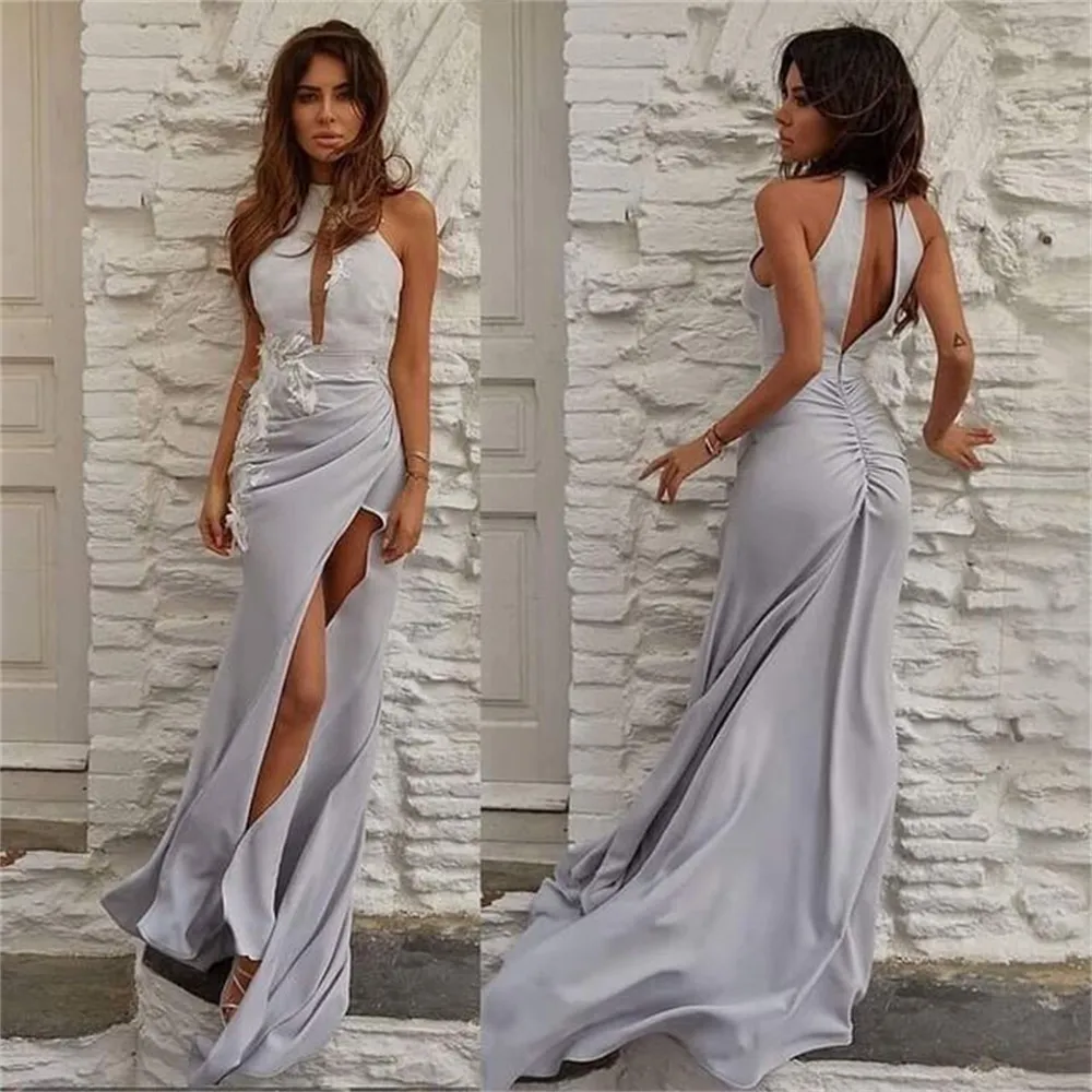Black Halter Neck Mermaid Bridesmaid Gown with High Front Slit. main image 0