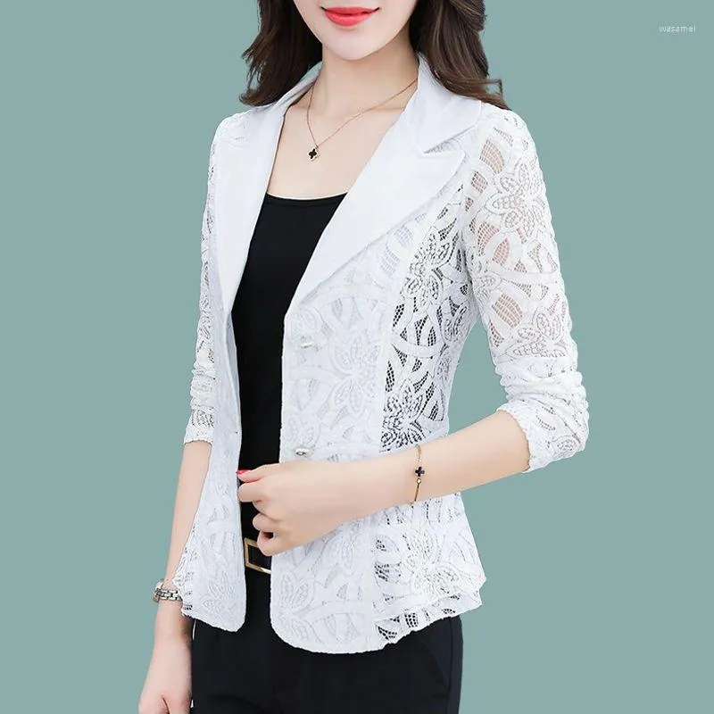 Ternos femininos senhoras terno branco blazer verão manga de renda fina jaqueta feminina estilo coreano senhora do escritório casaco roupas a144