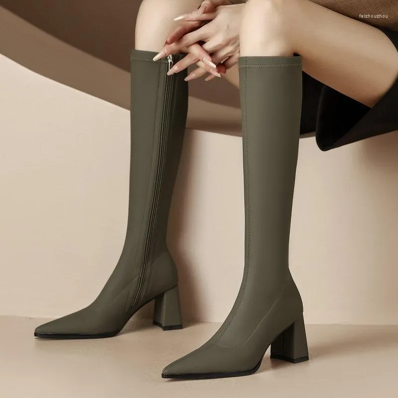 Stiefel 2024 Frauen Kniehohe Spitz Dicke Heels Echtes Leder Schuhe Frau Herbst Winter Party