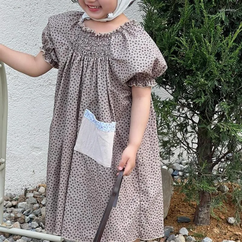 Robes de fille 2023 AncoBear Robe d'été d'été pour bébé coréen filles enfants Vintage décontracté coton en vrac enfants vêtements d'extérieur floraux