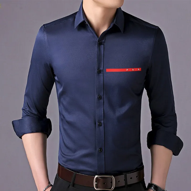 Designer Luxury Men's Dress Shirts Stretch Soft Business Casual Lapel Button Down Shirt Spring Autumn Long Sleeve Tops Mens Clothing Wrinkle-Free NAVY BLUE BLACK GREY