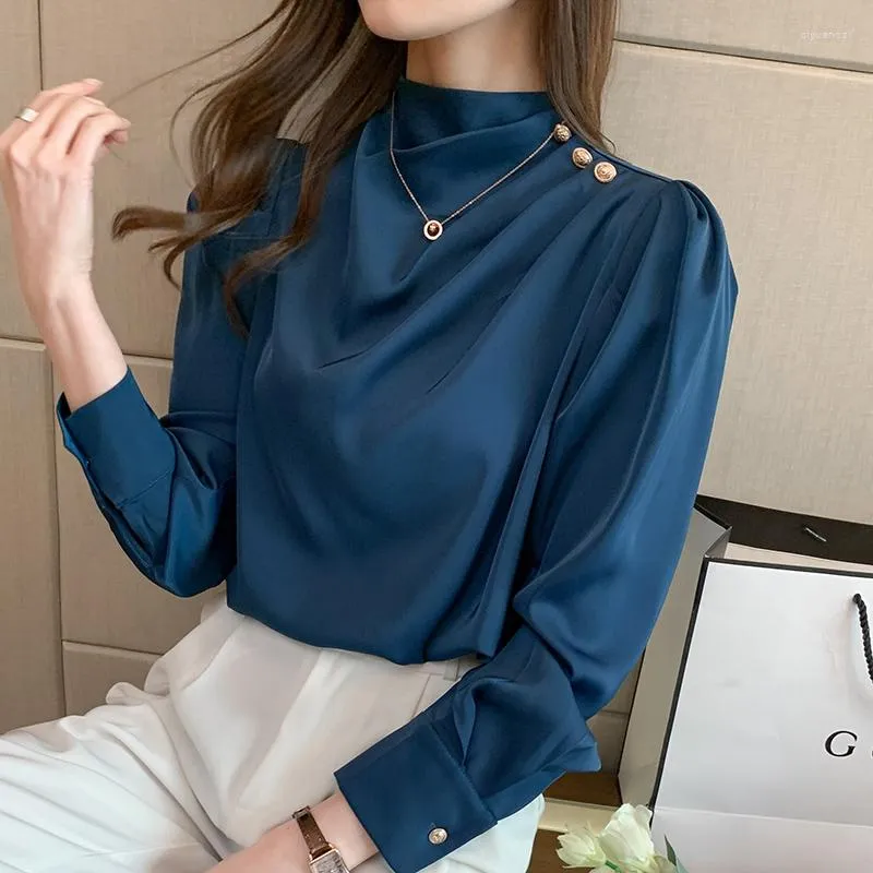 Women's Blouses 2023 Summer Fall OL Women Satin Long Puff Sleeve Stand Metal Buttons Shirt Casual Turtleneck Solid Color Chiffon Tops