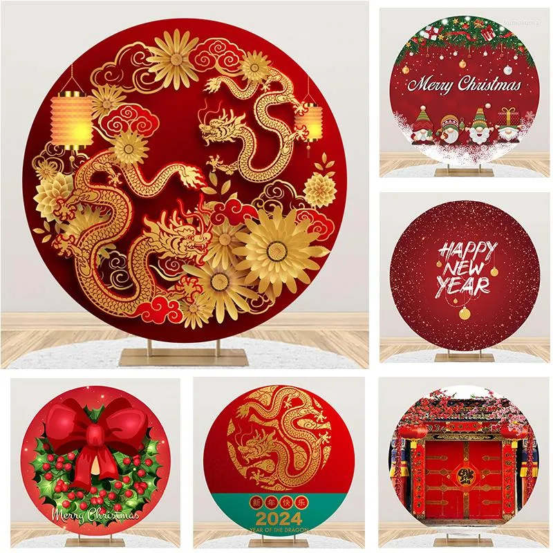 Décoration de fête, toile de fond ronde de couleur rouge, Dragon chinois, décor de bonne année, joyeux noël, cercle élastique personnalisé, fond Po