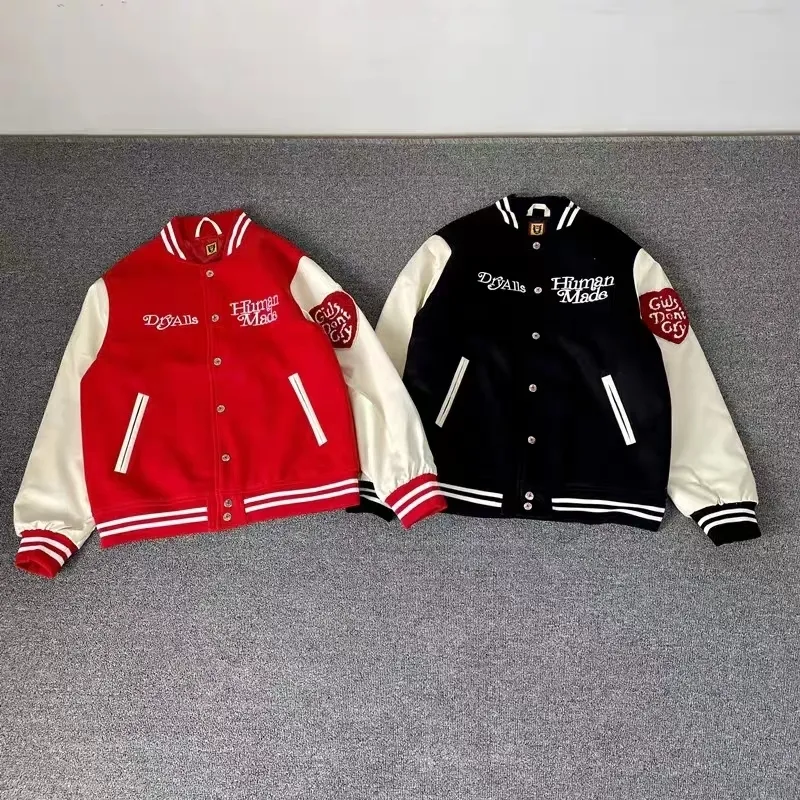 Men's Jackets Patchwork Human Made Girls Don't Cry Varsity Baseball Jacket Men Women Embroidery Towel Red Heart Patch Sleeve Casual Coat 230925