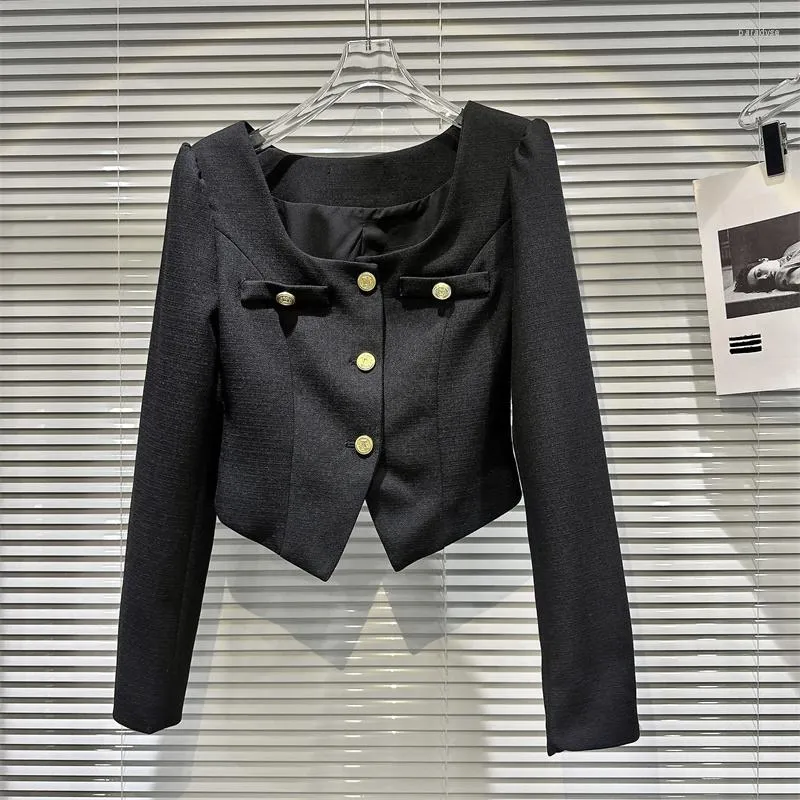 Women's Jackets 2023 Fashion Autumn Womens Square Collar Full Sleeve Metal Button Pockets Dovetail Bawics Black Short Jacket