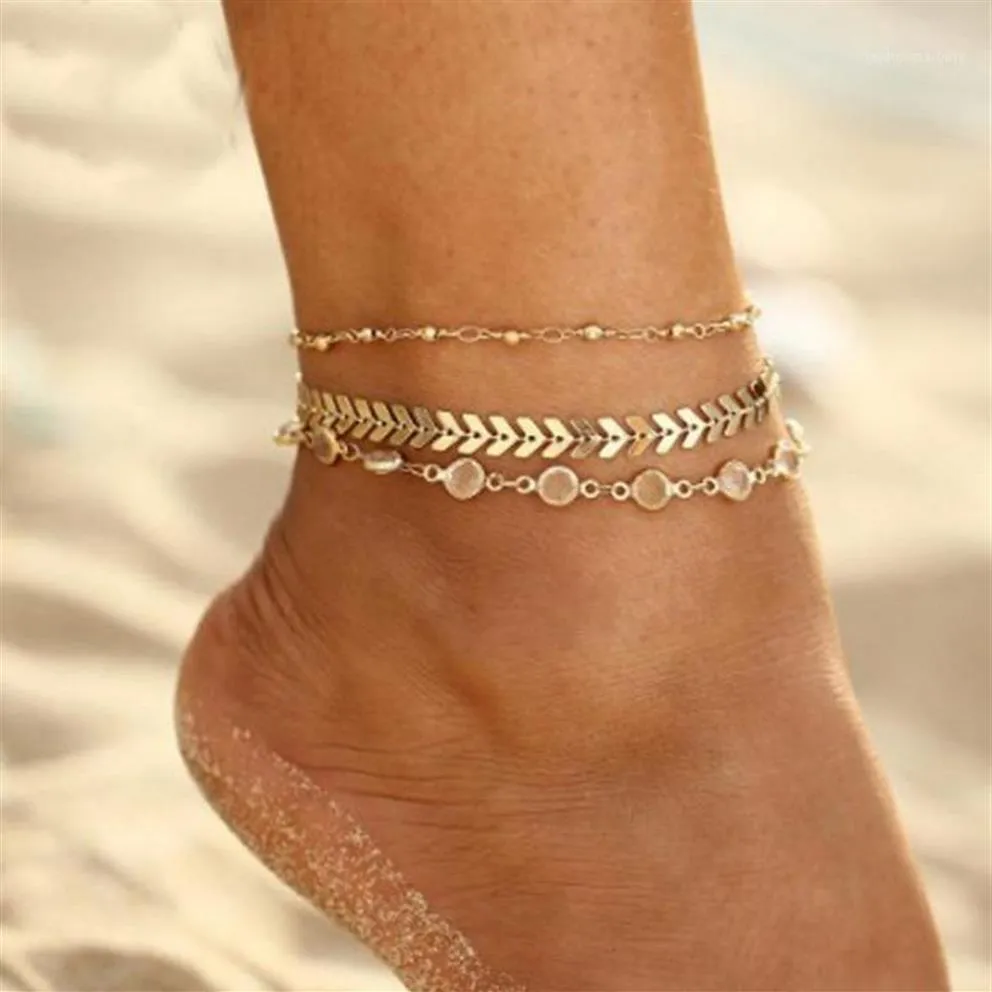 Kristal payetler Anklet Seti Kadınlar Plaj Ayağı Takı Vintage İfadesi Ankletler Boho Style Party Yaz Mücevherleri 3pcs Lot1285n