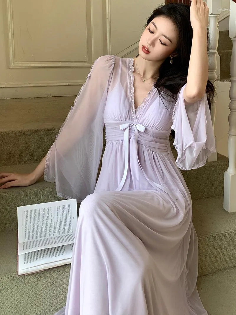 Kobietowa odzież snu Kobiet Purple Mesh Fairy Night Dress Spring Summer Victorian Princess French French Sexy V-Neck Nightgowns Loungewear