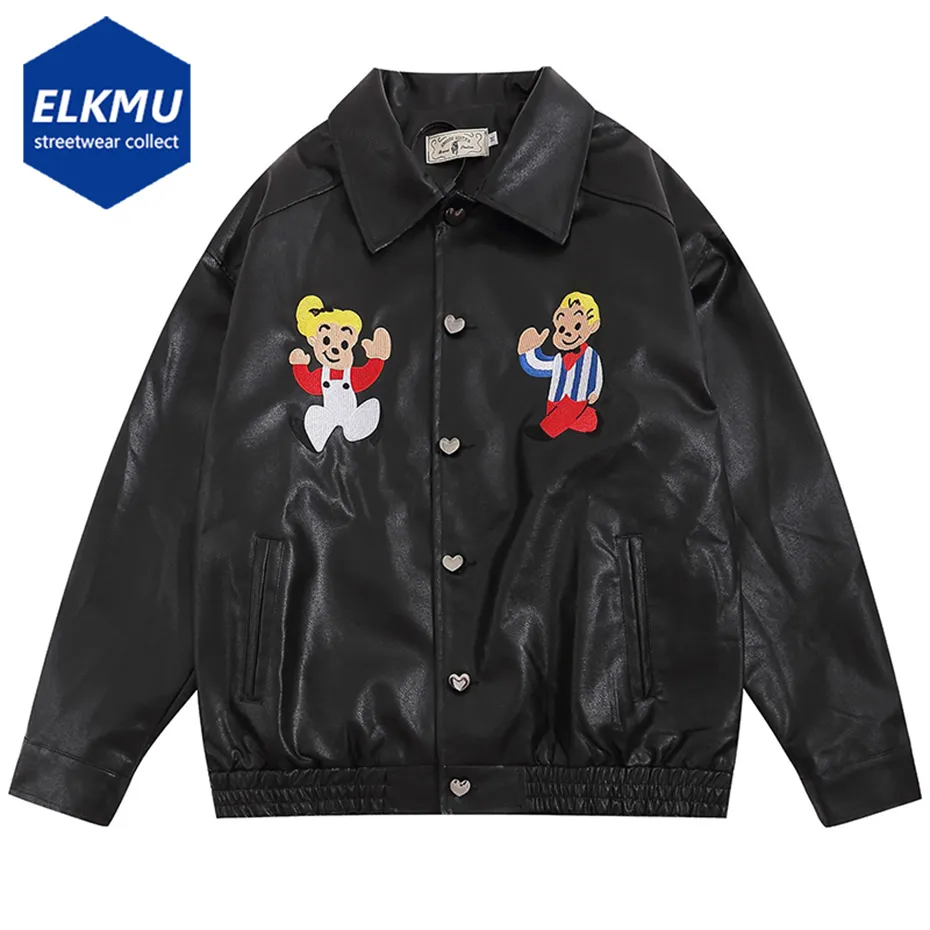 Men's Leather Faux cuir hommes Vintage veste en cuir noir dessin animé broderie lâche PU cuir manteau homme Harajuku Hip Hop Streetwear Y2K veste 230926