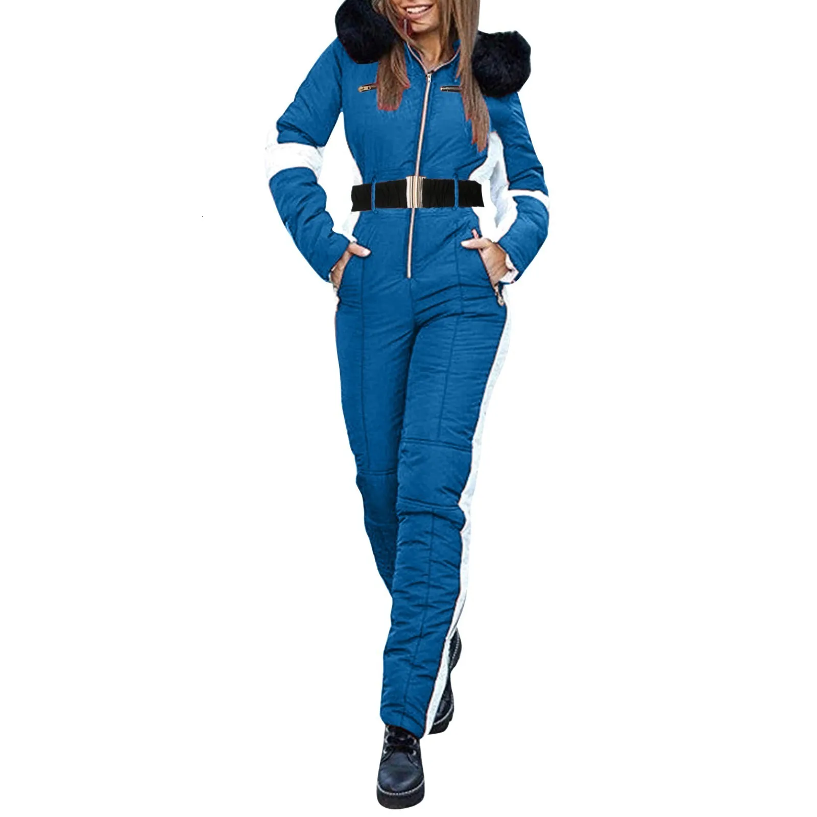 Womens Jumpsuits Rompers Ski Jumpsuit Women White With Black Insert Ski Winter Suits Comfy Hooded Faux Fur Jacket Fashion Warm Female Pants Suit Sets 230925 From Jiu04 48.2 DHgate.Com