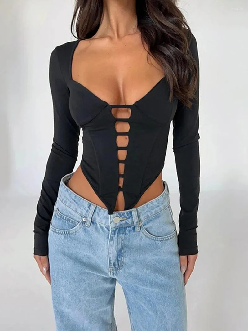 Mulheres camisetas Sexy Cut Out V Neck Crop Top Outono 2023 Moda Baixa Manga Longa Camisa Apertada Preta Para Roupas Femininas