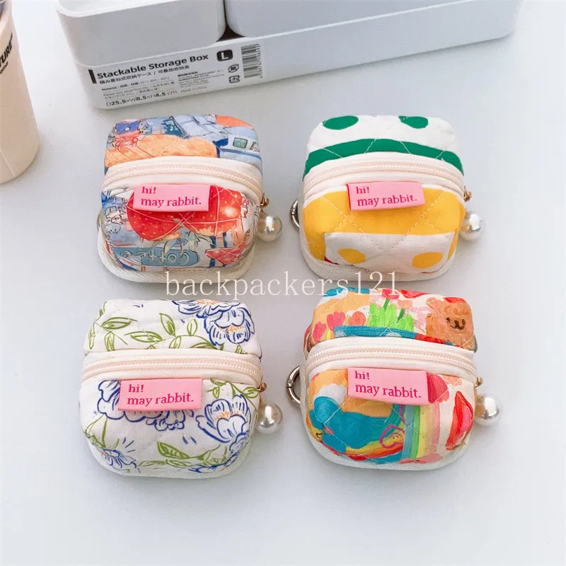 Kawaii Small Tent Shape Coin Purses Mini Lipstick Cosmetic Bags Pearl Zipper Coin Pouch Square Earphone Bag Charm Pendant Wallet