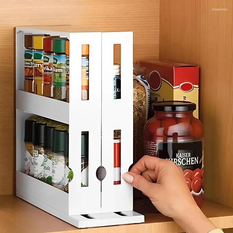 Kitchen Storage Pull And Rotate Spice Rack Organizer Double-Decker Shelves Modular Design Non-Skid Base Cupboar Seasoning Bottle Holder