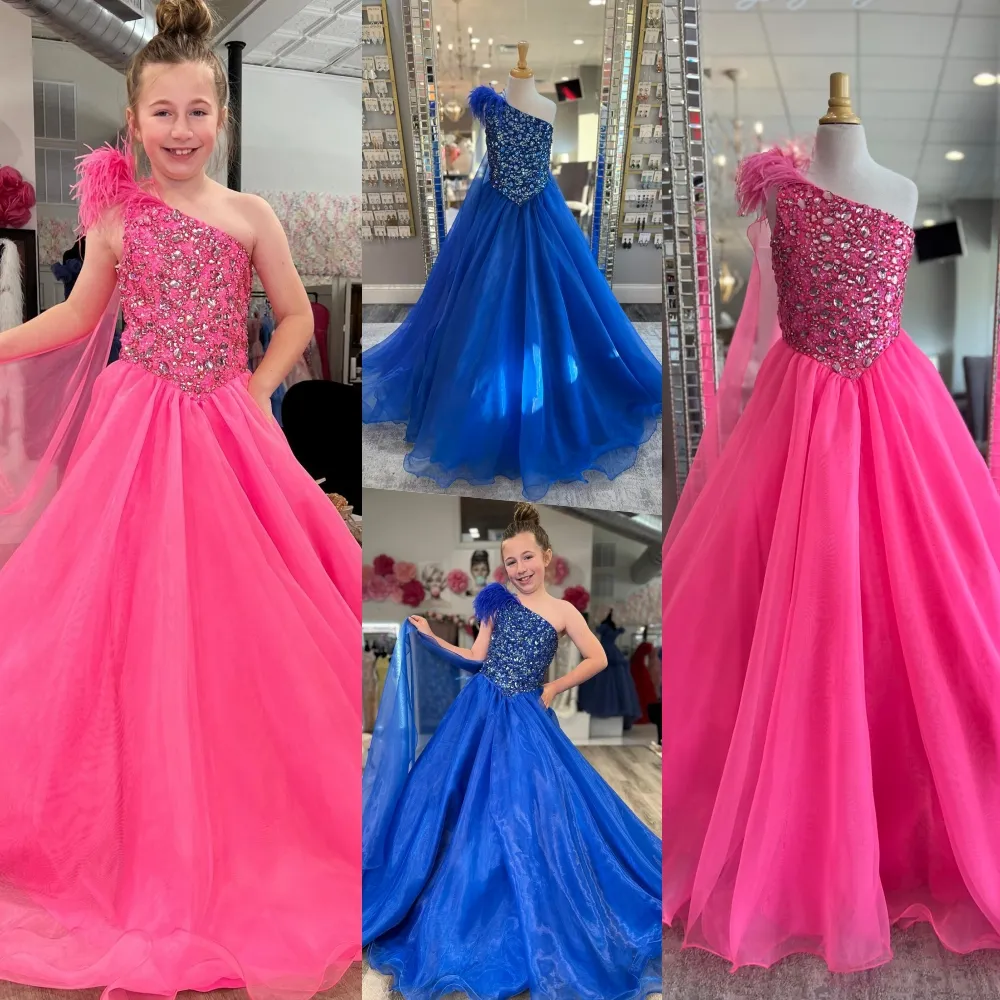 One-Shoulder Ballgown Girl Pageant Dress 2024 Crystals Feather Little Kid Birthmal Party Gown 유아용 유아 십대 Tiny Young Junior Miss Royal Blue Fuchsia