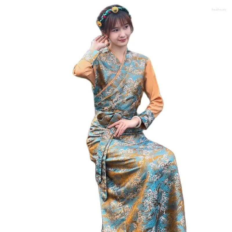 Ethnische Kleidung Sommer elegantes asiatisches Kostüm tibetisches Kleid für Frauen Langarm traditionelles orientalisches Damenkleid