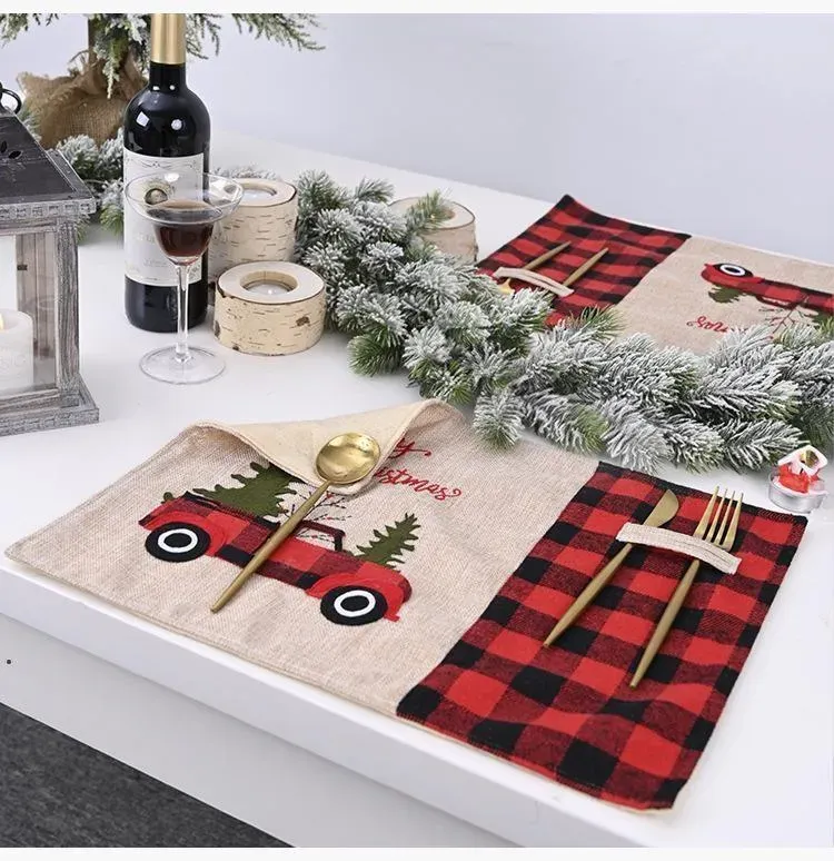 Weihnachtsdekorationen, Weihnachtsbaum, roter LKW, Tischsets, Tischset, Winter-Büffelkariertes Tischset, Esszimmer, Zuhause, Weihnachten, Tischdekoration 926