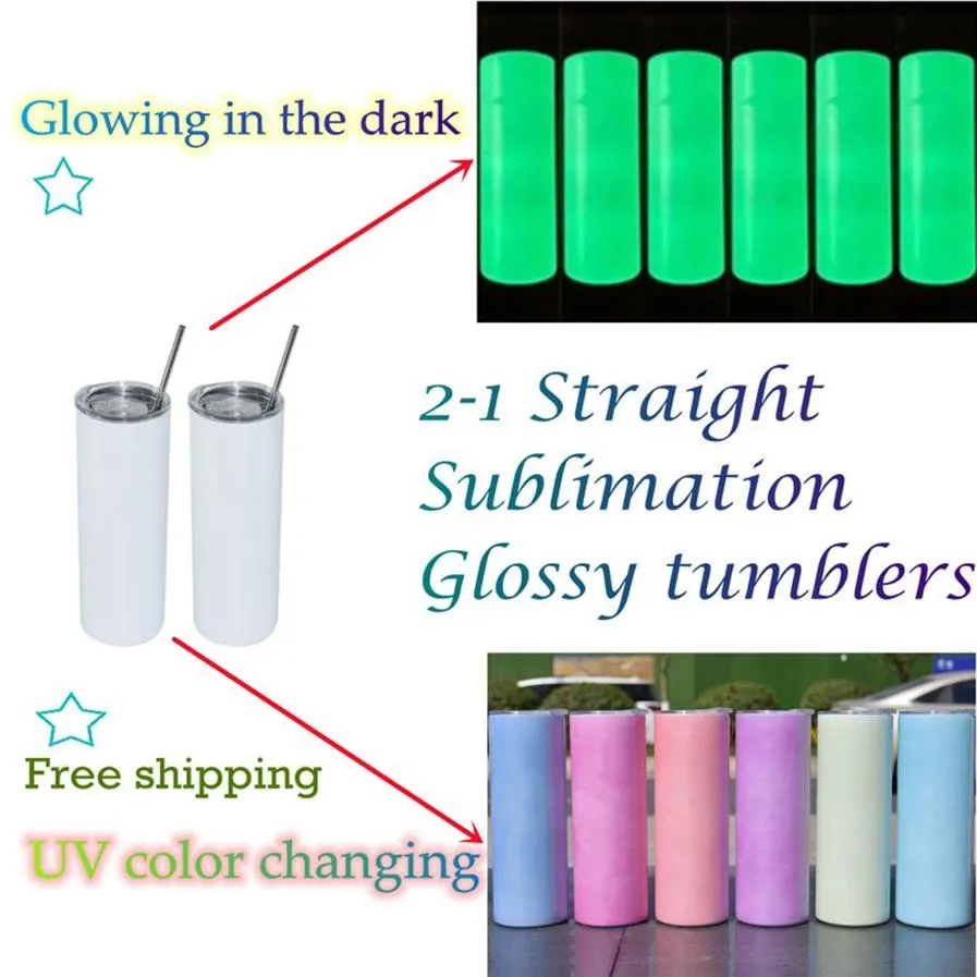 US Warehouse 20oz gerade Sublimationsbecher UV-Farbwechsel dunkel leuchtend mit klaren Trinkhalmen Edelstahl doppelwandig Vac2739