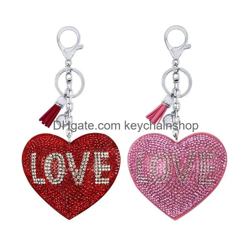 Nyckelringar Rhinestone Korean Flanell Love Shape Keychain Pendant Tassel Bag Tillbehör Bil Keyring Charm Drop Delivery Jewel Dhpdd