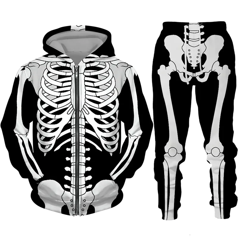 Męskie dresy Śmieszne szkielet 3D Drukuj Zestaw Bluzy Zestaw Bluzy swobodne z kapturem 2PC