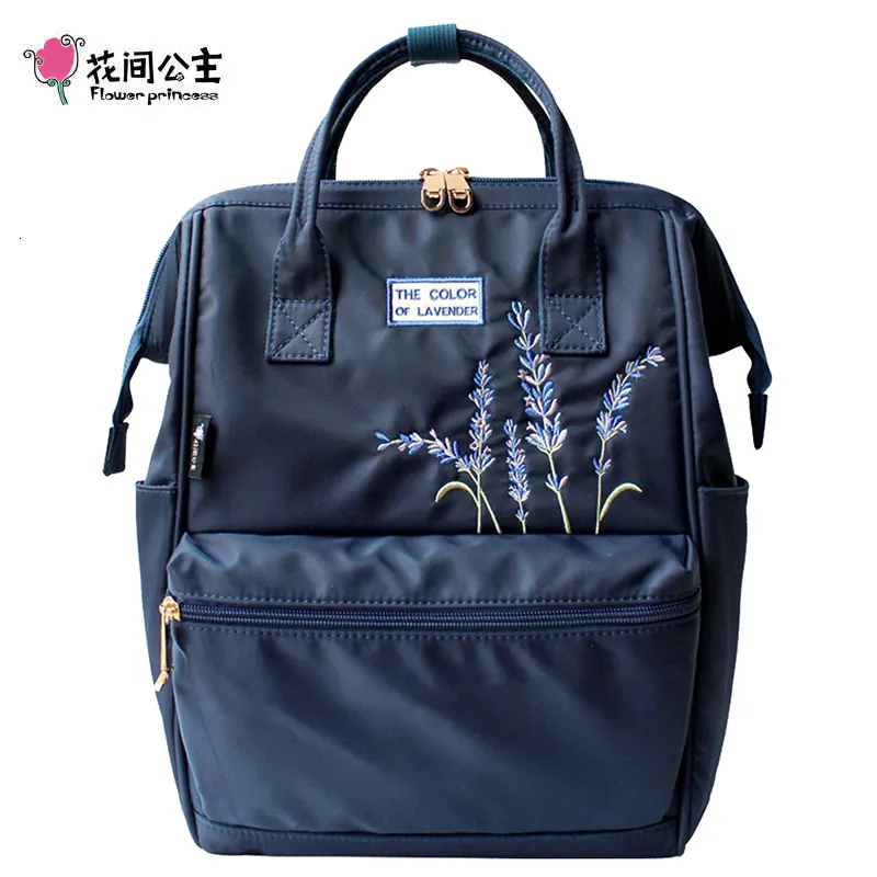 School Bags Flower Princess Embroidery Nylon Women Backpack Water Resist Laptop Bag College Travel Bagpack for Girl Daypack 230926