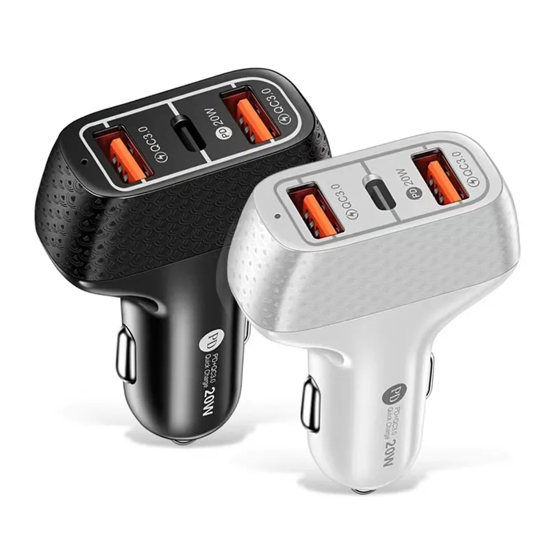 PD 20W 3ポートカー電話充電器高速充電3A QC3.0クイックチャージタイプC USB-C充電器iPhone SAMSUNG XIAOMI GPS用オートパワーアダプター