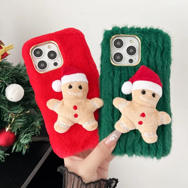 Xmas Gingerbread Man Cases For Iphone 15 Pro 14 13 12 11 XS MAX XR X 8 7 Plus 3D Christmas Tree Gift Fluffy Fur Merry Christmas Santa Claus Hat Red Soft TPU Chromed Cover