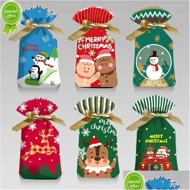 Julekorationer 10st Cartoon Xmas Candy Present Bags Kids Cookie Sweet Plastic DString Bag For Home Year Party 2023 Drop Deliver Otmzk