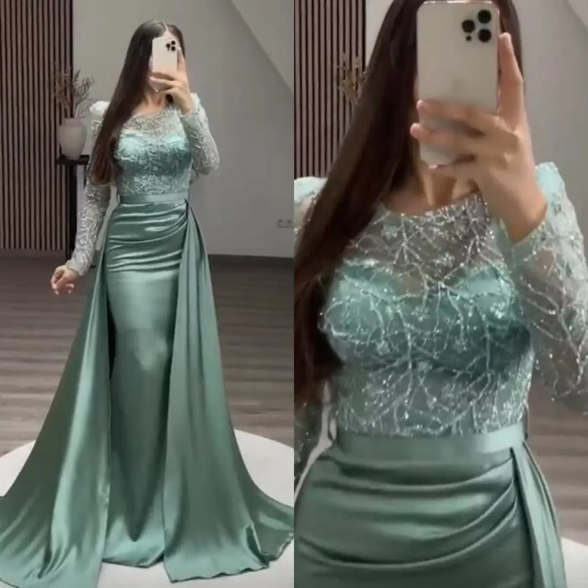 DHgate Gorgeous Green Mermaid Evening Crystal Jewel Neck Long Sleeves Formal Party Prom Dress Overskirts Pleats Dresses For Special Occasions Wedding Party Events