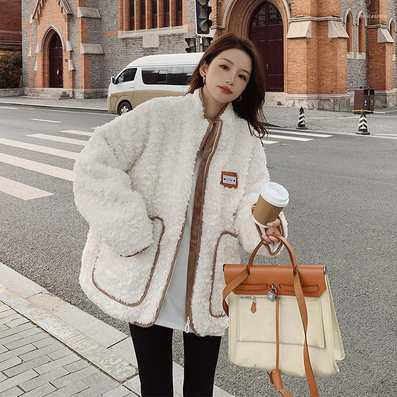 Women's Fur Lamb Wool Fall Winter Coat Women 2023 Hit Color Fashion Faux Plus Cotton Thick Korean Loose Jackets Womens Trend B49