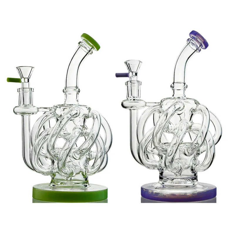 Partihandel Purple Green Glass Water Bongs Vortex Recycler Dab Rigs Super Cyclone 12 Recycler Tube Water Pipe With Glass Bowl XL137