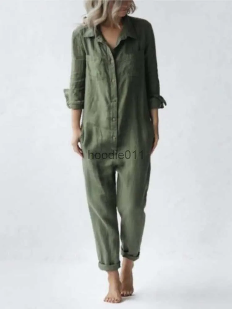 Women's Jumpsuits Rompers Vintage Cotton Overalls Mujer Women Jumpsuits Spring Long Sleeve Buttons One Piece Outfit Chic Tunic Oversized Green Jumpsuit L230926