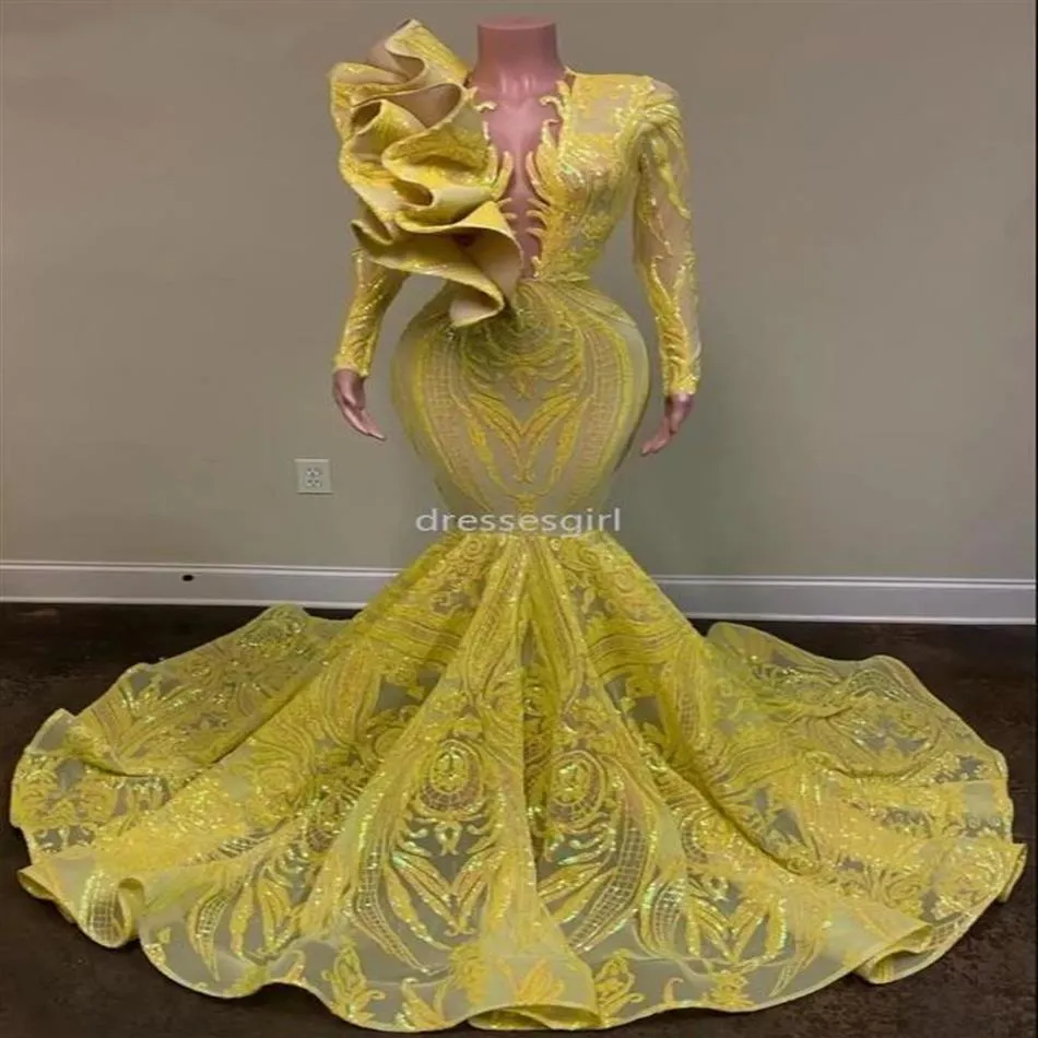 2022 amarelo laço lantejoulas sereia vestidos de festa de baile sheer pescoço mangas compridas plus size formal noite ocasião vestidos de no233f