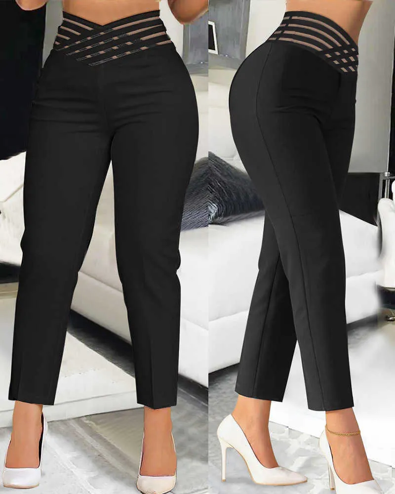 Women's Pants Capris Elegant for Women Summer Fashion Overlap Waist Hollow Out Sheer Mesh YK Work Trouses Streetwear Clothing