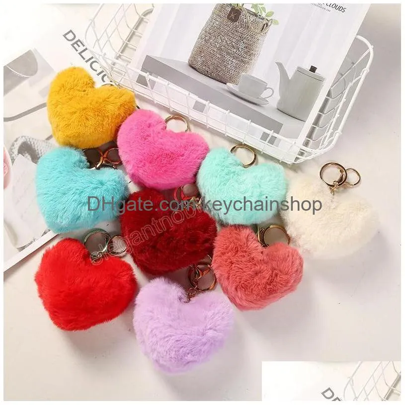 Porte-clés Mode en forme de coeur en peluche porte-clés 10 cm imitation fourrure de lapin chaîne voiture porte-clés décoration pendentif 7 couleurs livraison directe Je Dhauc