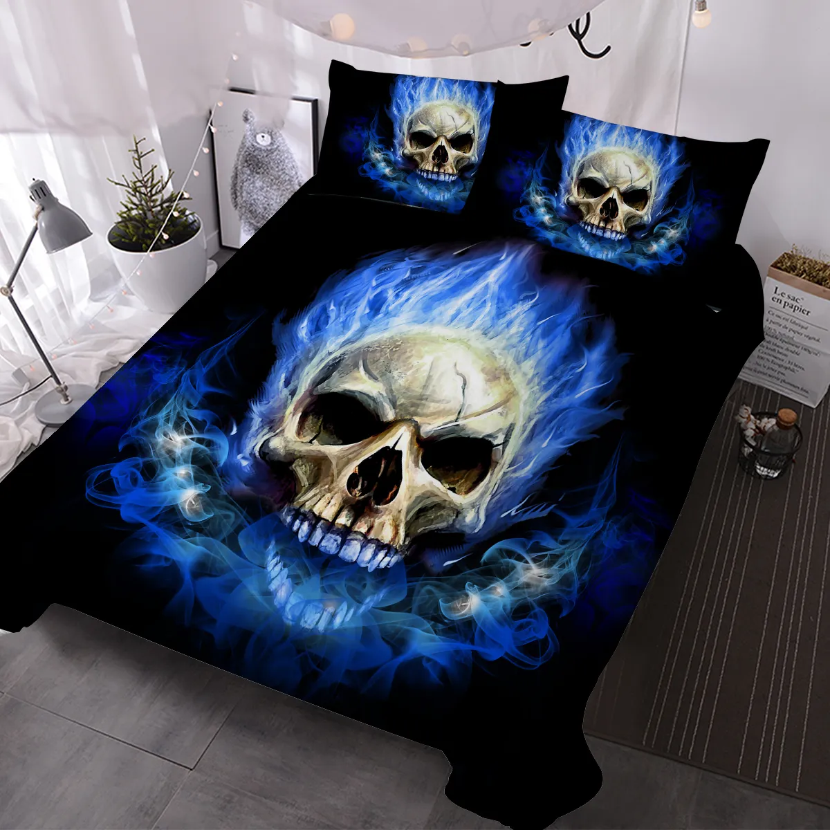 寝具セット布団カバー付きの青い炎の頭蓋骨の寝具セット3個のベッドスプレッド2個の枕のシャム230926
