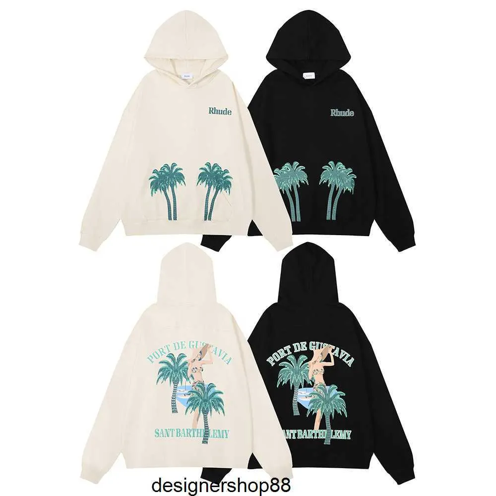 Rhode Gaoke Heavy Beauty Tide Coconut Beach Print Frottee aus reiner Baumwolle, lockerer, entspannter Kapuzenpullover für Herren