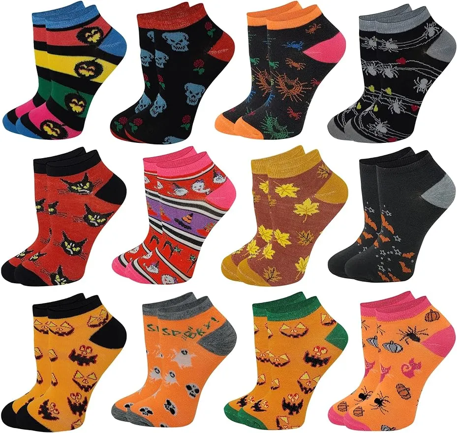 Calcetines de Halloween, paquete de 12 pares, calcetines tobilleros de diseño elegante y coloridos de corte bajo para mujer