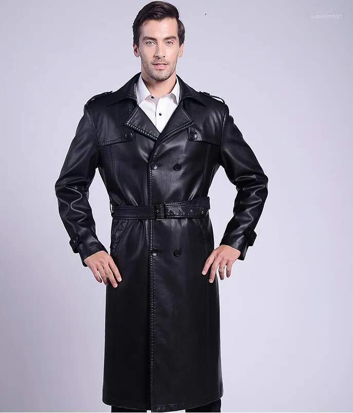 Casacos de couro masculinos de inverno, casacos de couro fino para motocicleta, trench coat duplo breasted, roupas da moda, plus cashmere, jaqueta de couro preto