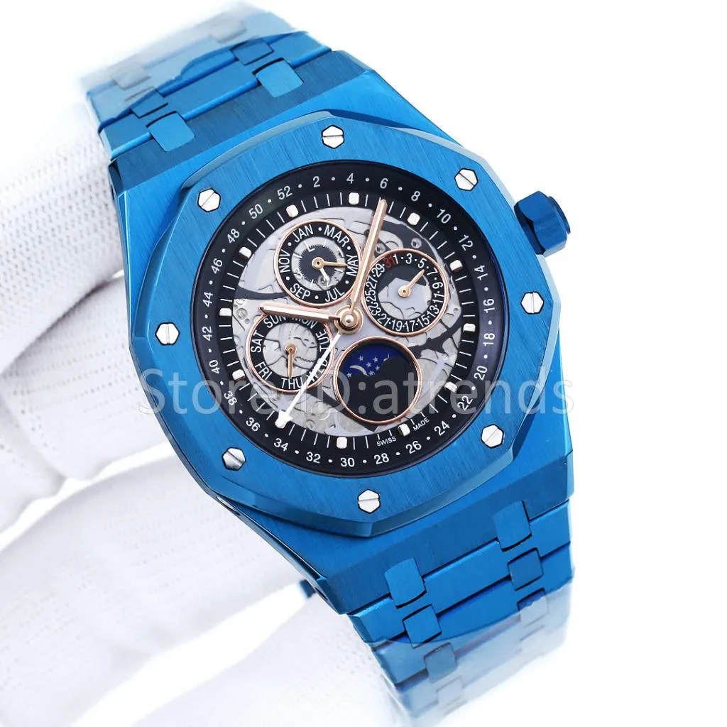 Topp mode automatiska mekaniska självlindande klockor Blue Hollow Dial 41mm Sapphire Glass Day Date Moon Phase Casual Wristwatch Full Rostfri Steel Clock