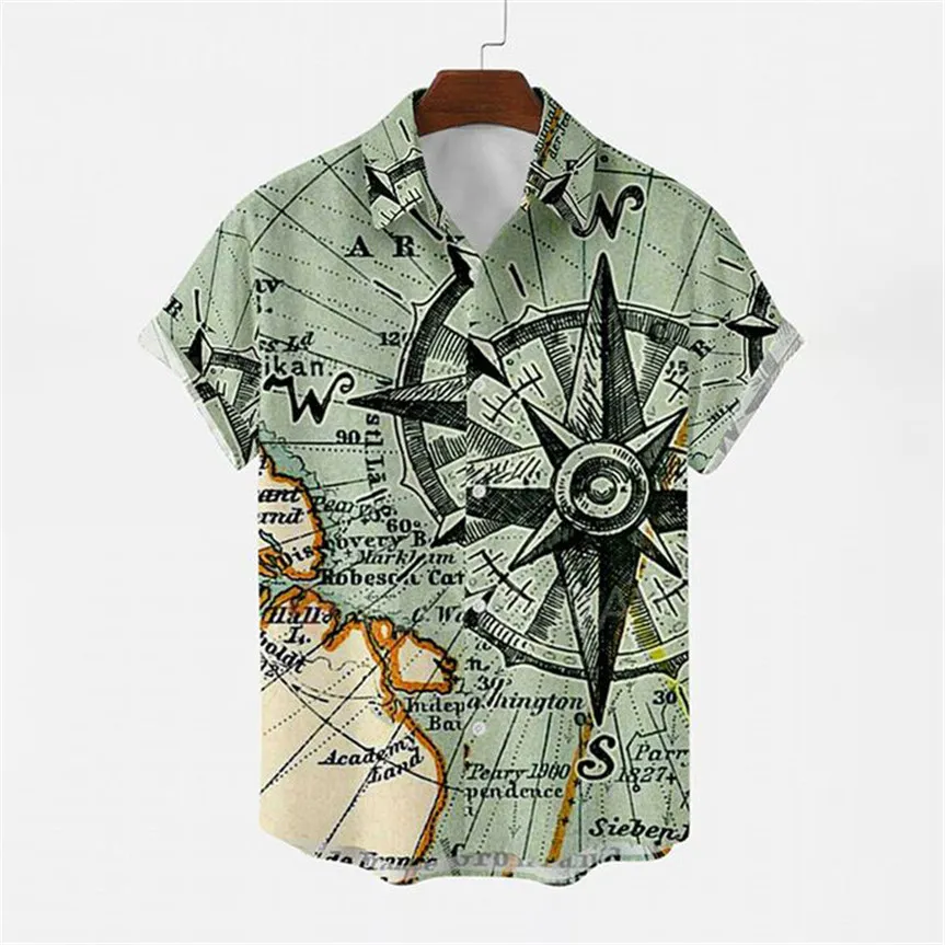 DIY Clothing Customized Tees & Polos Compass Map Print Sleeved cardigan printed men's shirt Foreign trade fashion casual trend lapel top