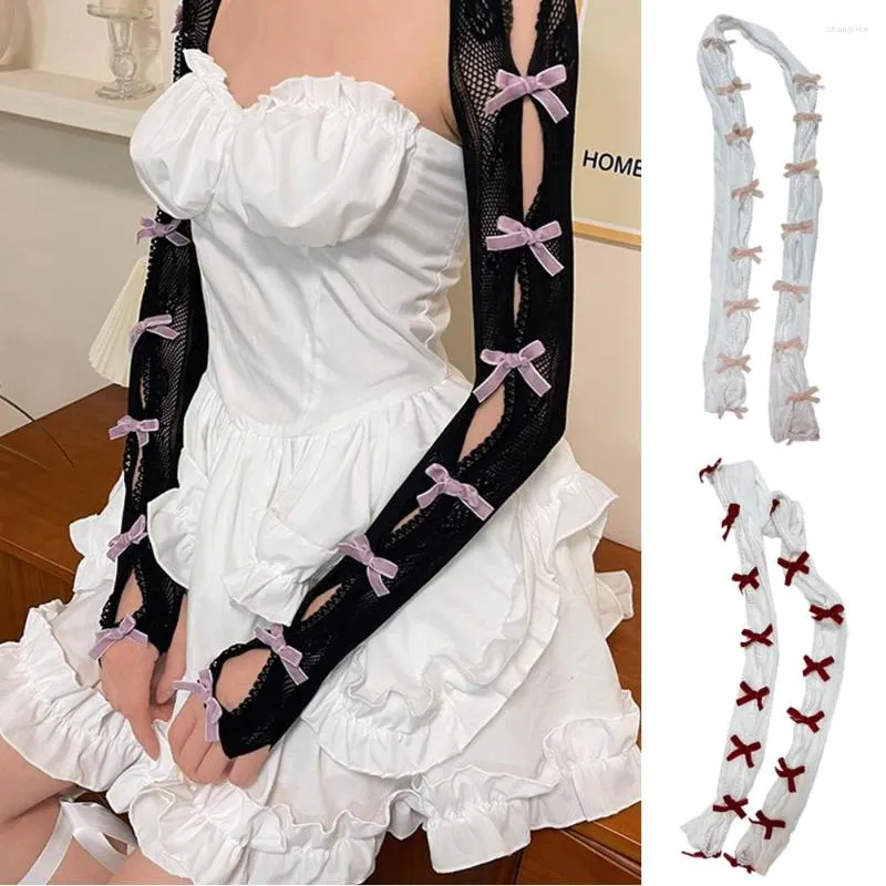 Ginocchiere Lolita Guanti senza dita con fiocco in pizzo Maglia elastica gotica Punk floccato Scialle fai-da-te Manica protettiva Accessori di abbigliamento