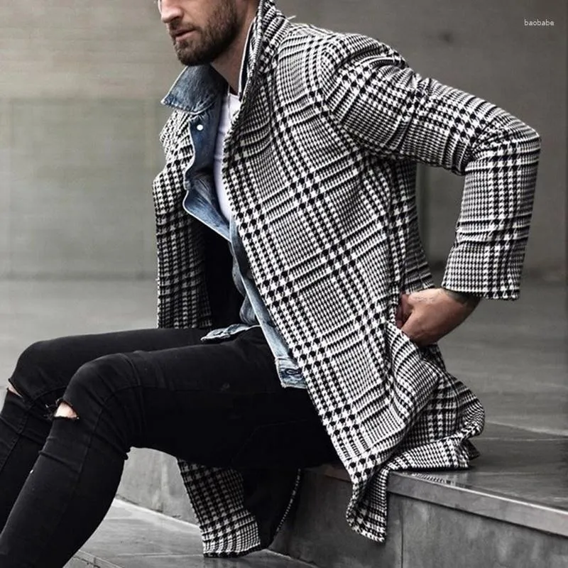 Hommes laine coréen hommes mélanges manteaux pardessus mâle hiver vêtements chauds vêtements d'extérieur Long noir blanc Plaid manteau grande taille