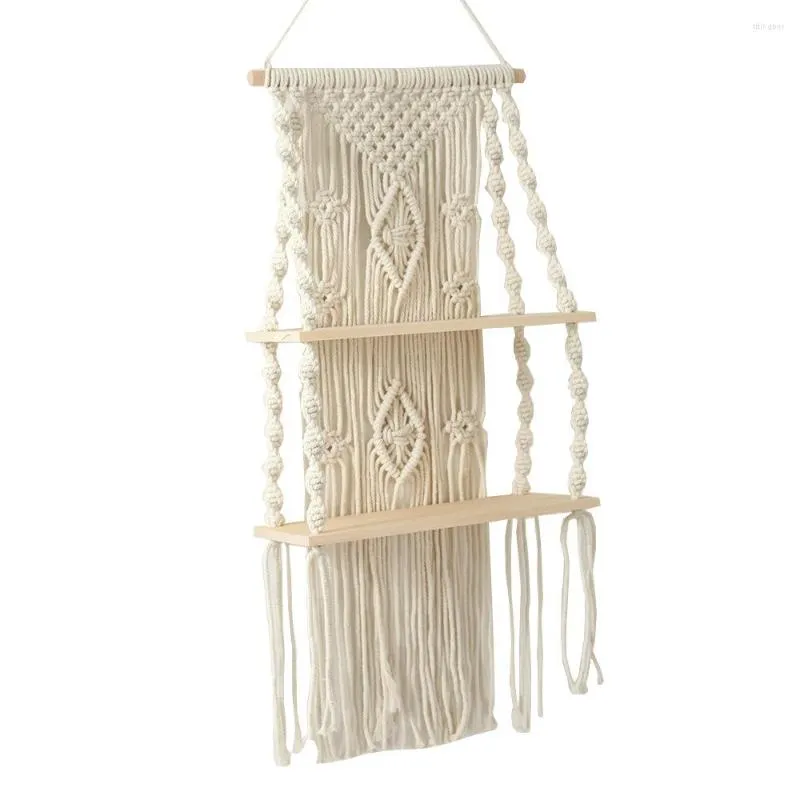 Kök förvaring handgjorda tofs macrame vägg hängande hylla boho bomull rep vävt tapestry växthängare flytande hemrumsdekor